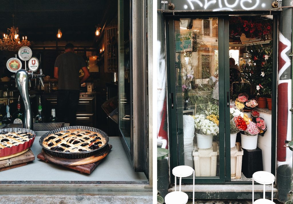 Pies in a window and flower shop