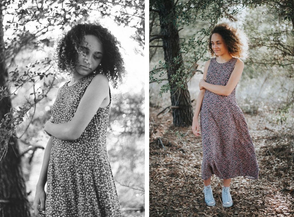 Two portraits of girl in flower dress