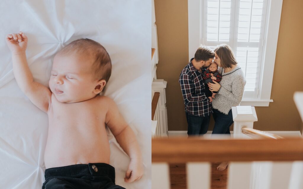 Newborn baby on bed & family of three | Stephanie Acar Portraits